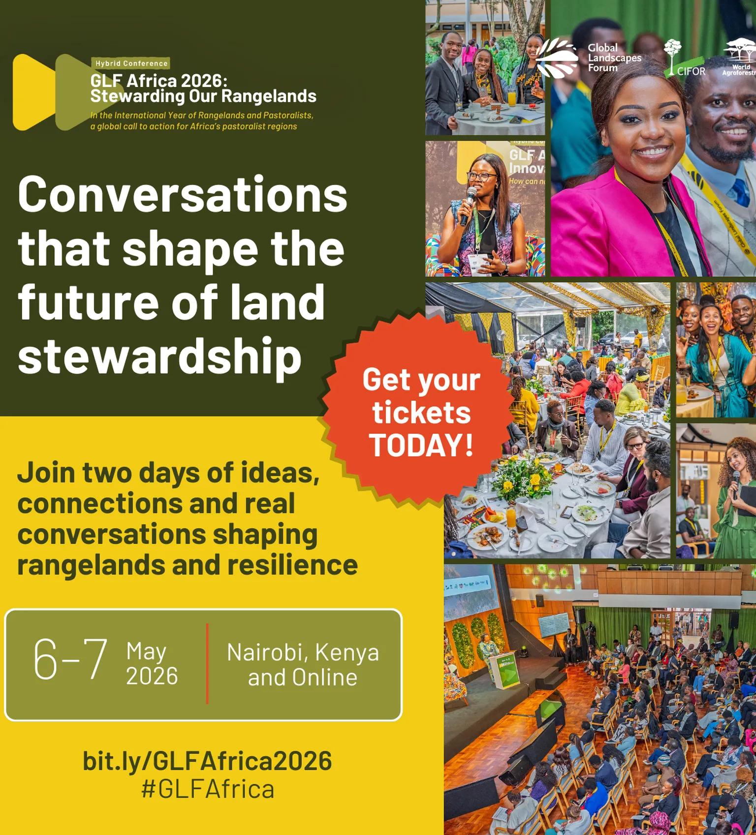 Flyer for GLF Africa 2026 conference on land stewardship in Nairobi, promoting a two-day event on rangelands, May 6-7, 2026.