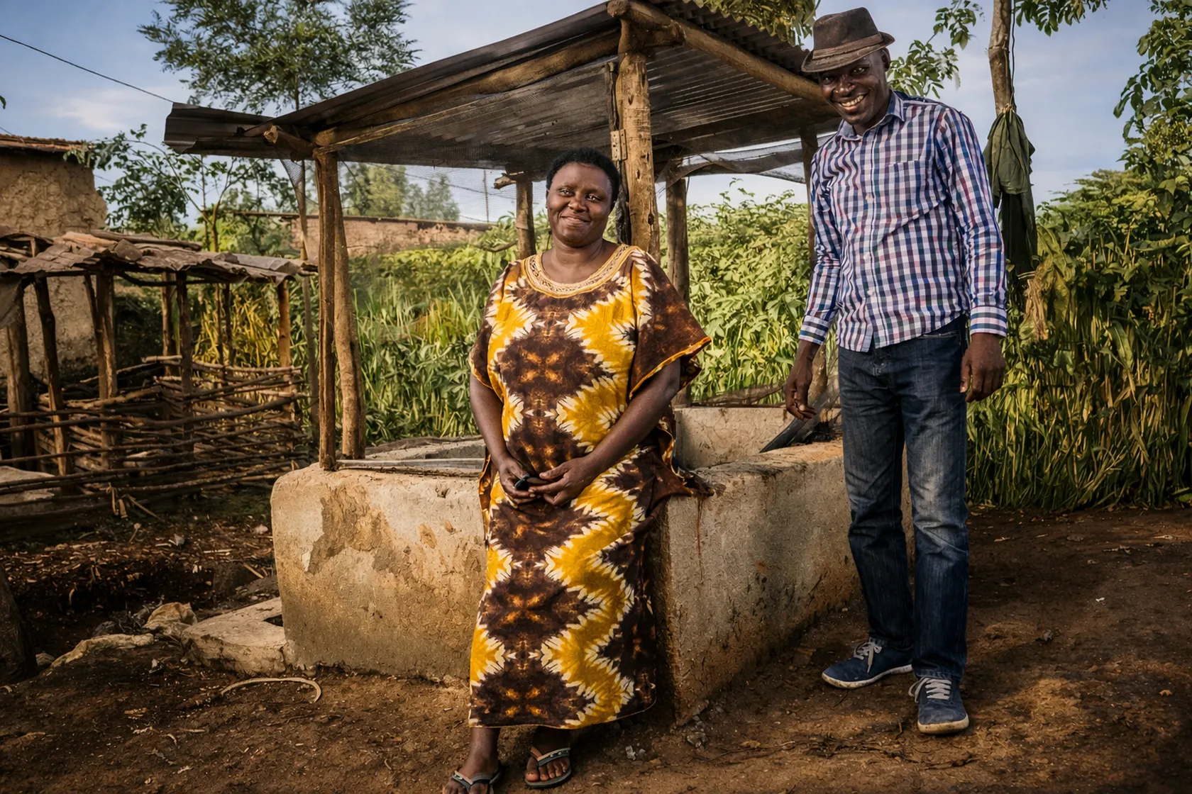 A woman in a yellow dress and a man in a hat stand smiling near a well, surrounded by greenery and rustic structures.