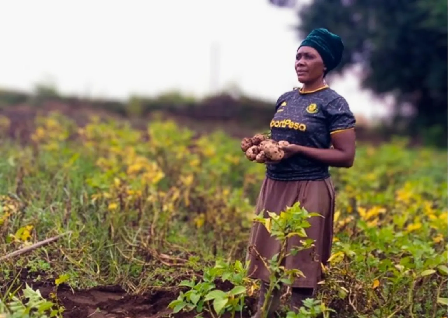 Grace Sanga, a potato farmer in Tanzania, hold potatoes she grew