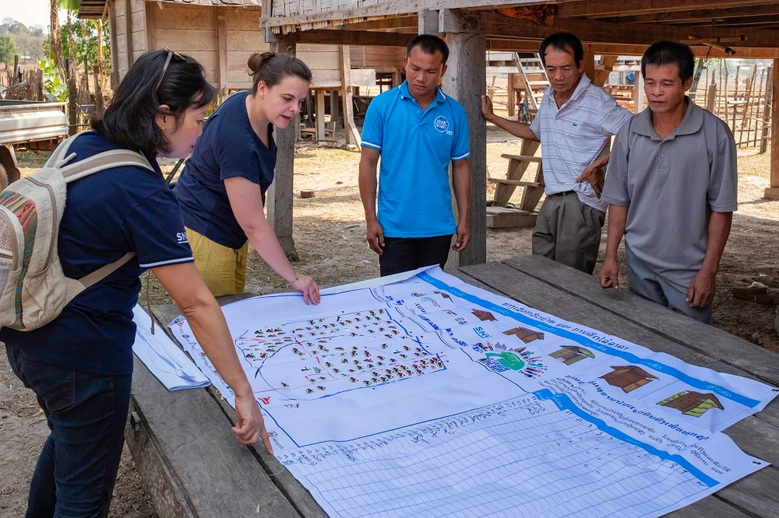 SNV staff and sanitation promoters reviewing toilet development plan