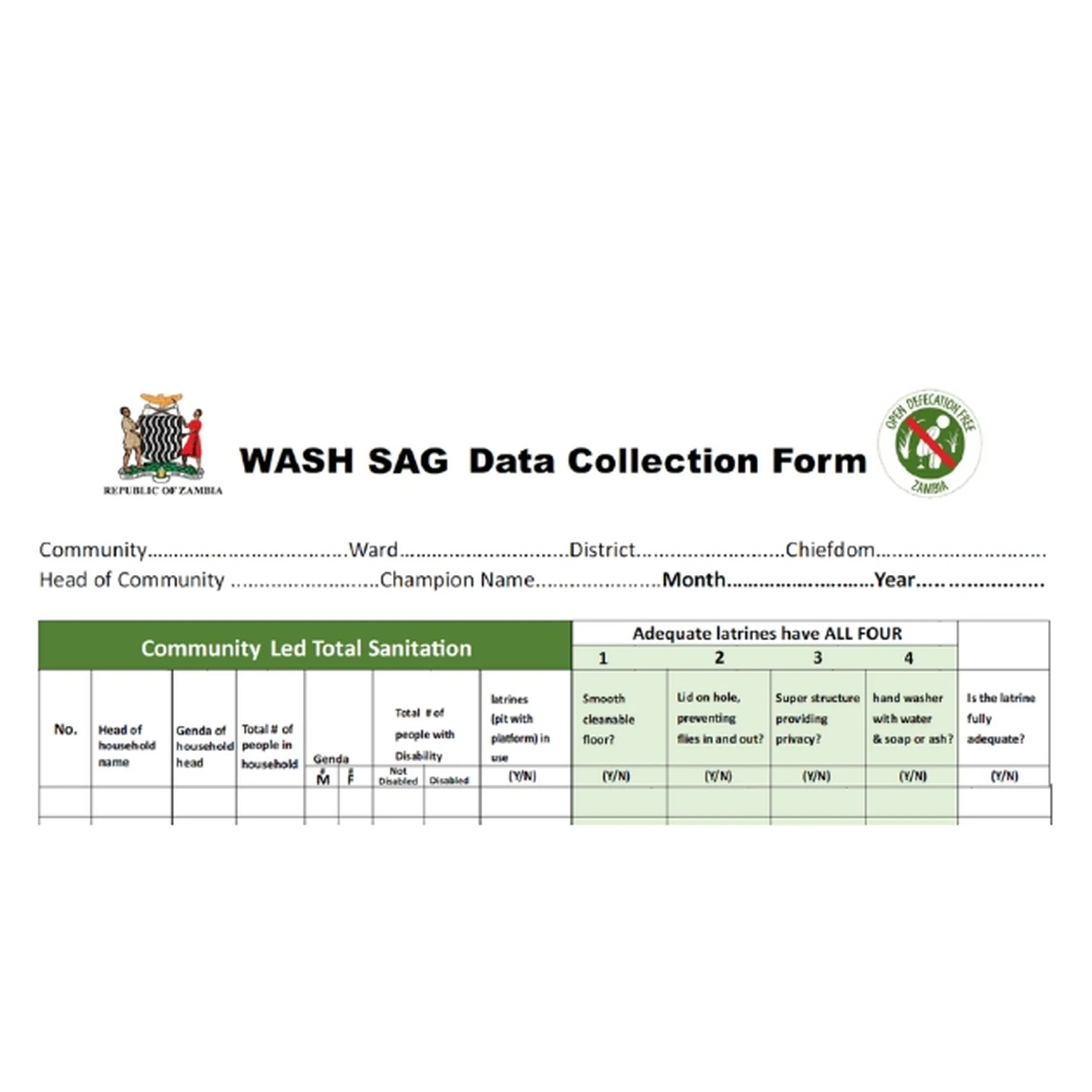 Sample Sanitation Action Group data sheet with info on gender and disability