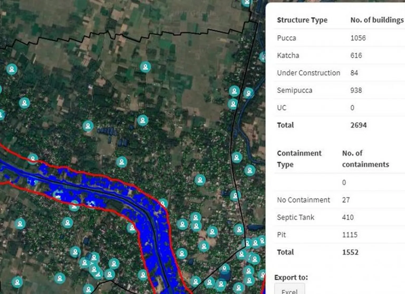 Buildings and containments within 100m buffer zone of a river or water body