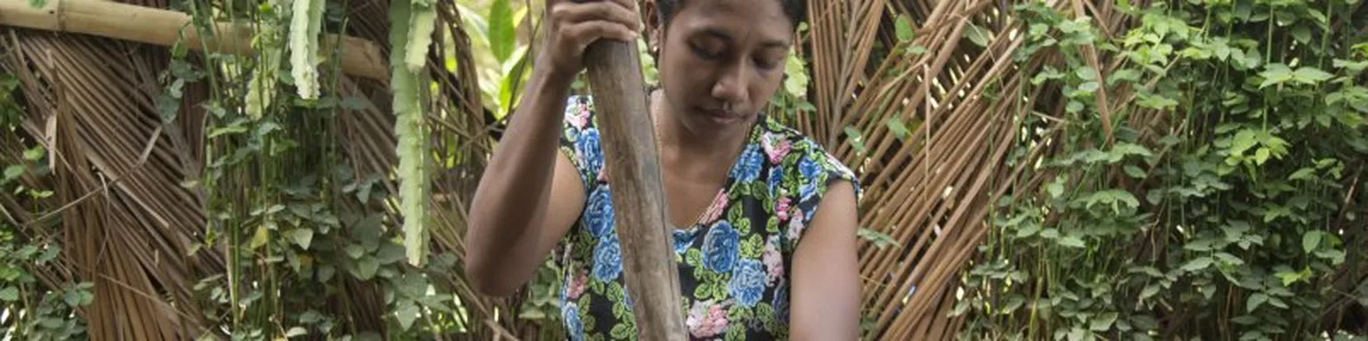 A lady using a big branch to make food.