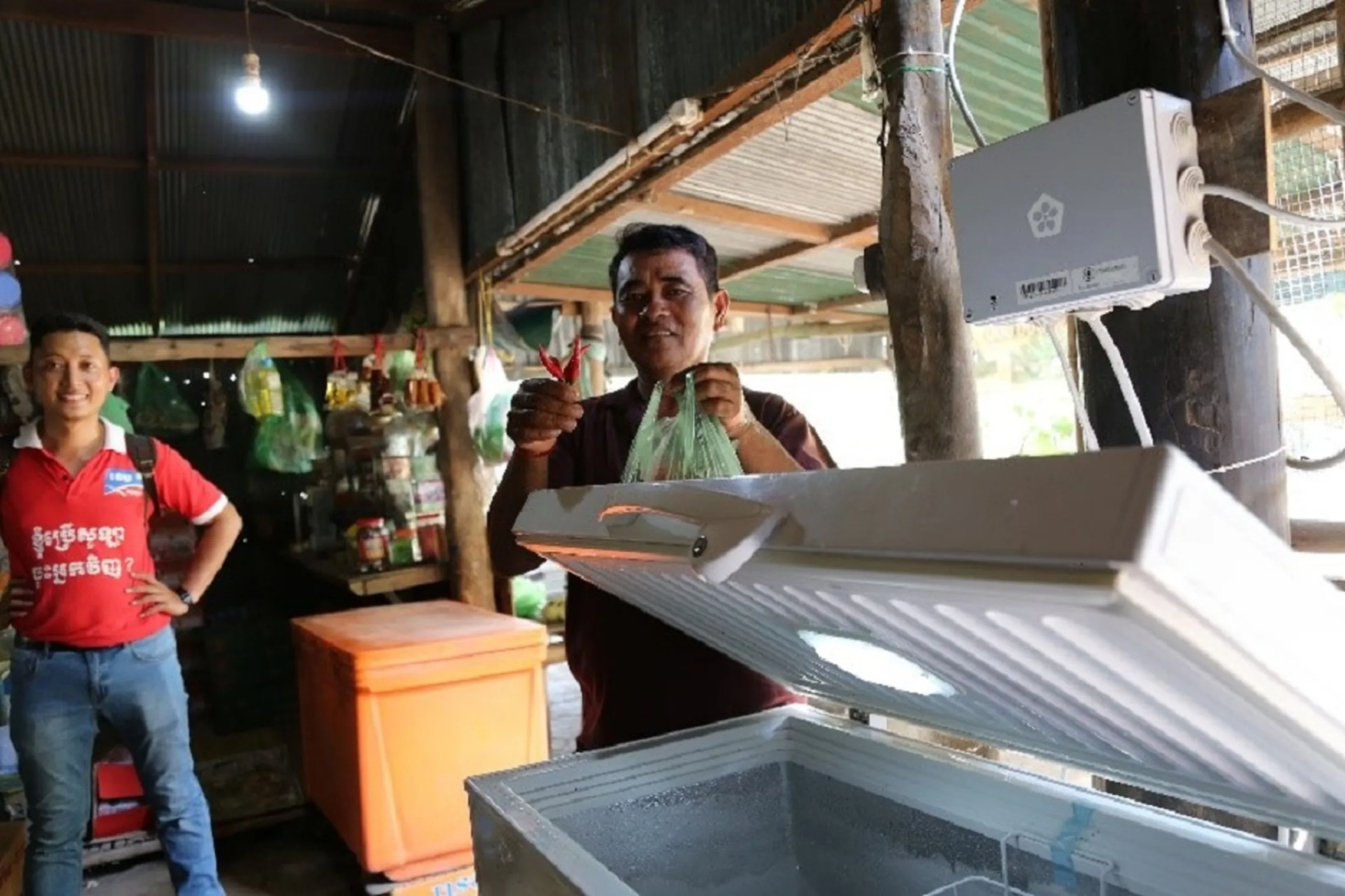 Okra prototype, powering a freezer in rural Cambodia